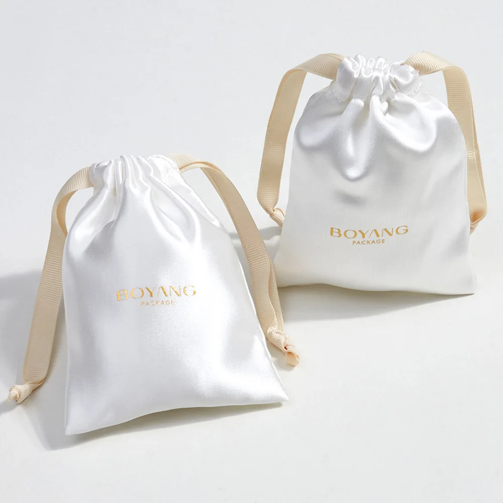 Custom Printed Logo White Luxury Bundle Wig Hair Extension Satin Drawstring Bag Silk Clothes Shoes Gift Dust Packing Pouch