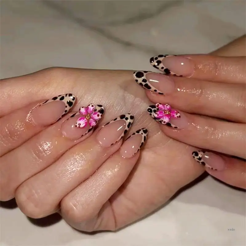 Short Almond Press on Nail French Style Leopard Floral Acrylic Nail For Women Seeking Unique DIY Manicure Experience