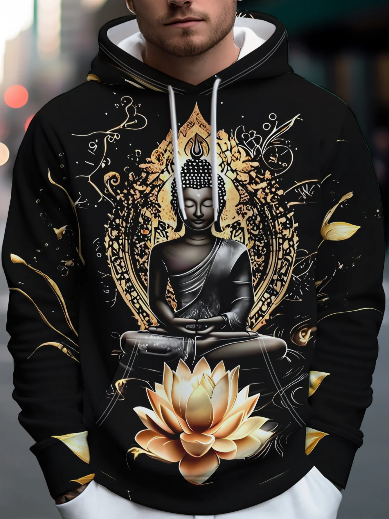 Customization Fashionable Hooded Sweatshirt, Casual Sports Hoodie With Black And Golden Statue Sitting On A Lotus Flower Surroun