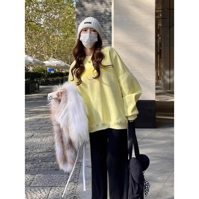 Spring New Creamy Yellow Baggy Sweatshirt Women Fashion Letter Printing Street Lazy Wind Pullover Tops Korean Y2k Clothes
