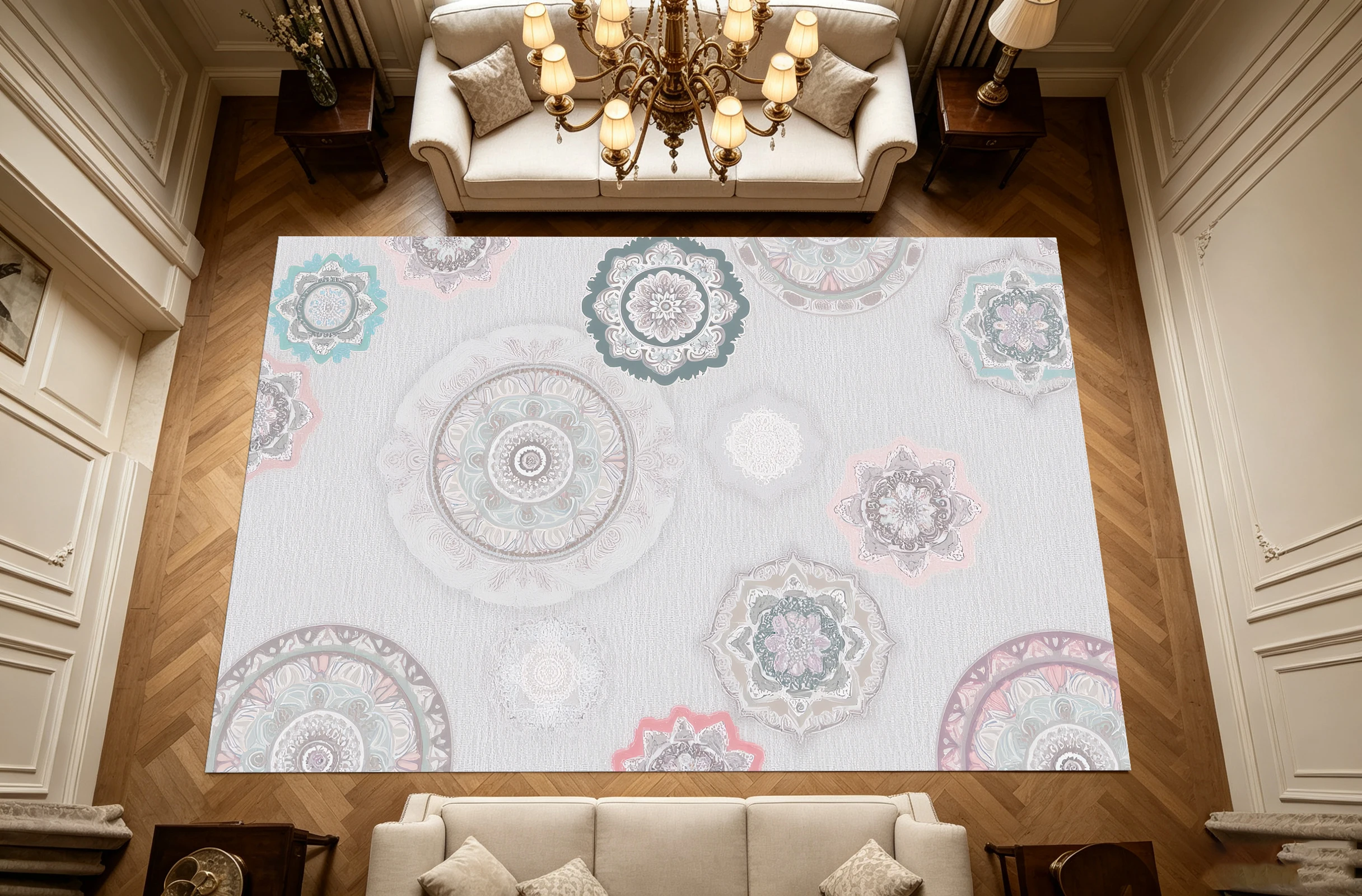2D Large Rug in Light Gray Macaron Color with a Retro Mandala Style. Comfortable and Skin-Friendly, Suitable for the Living Room