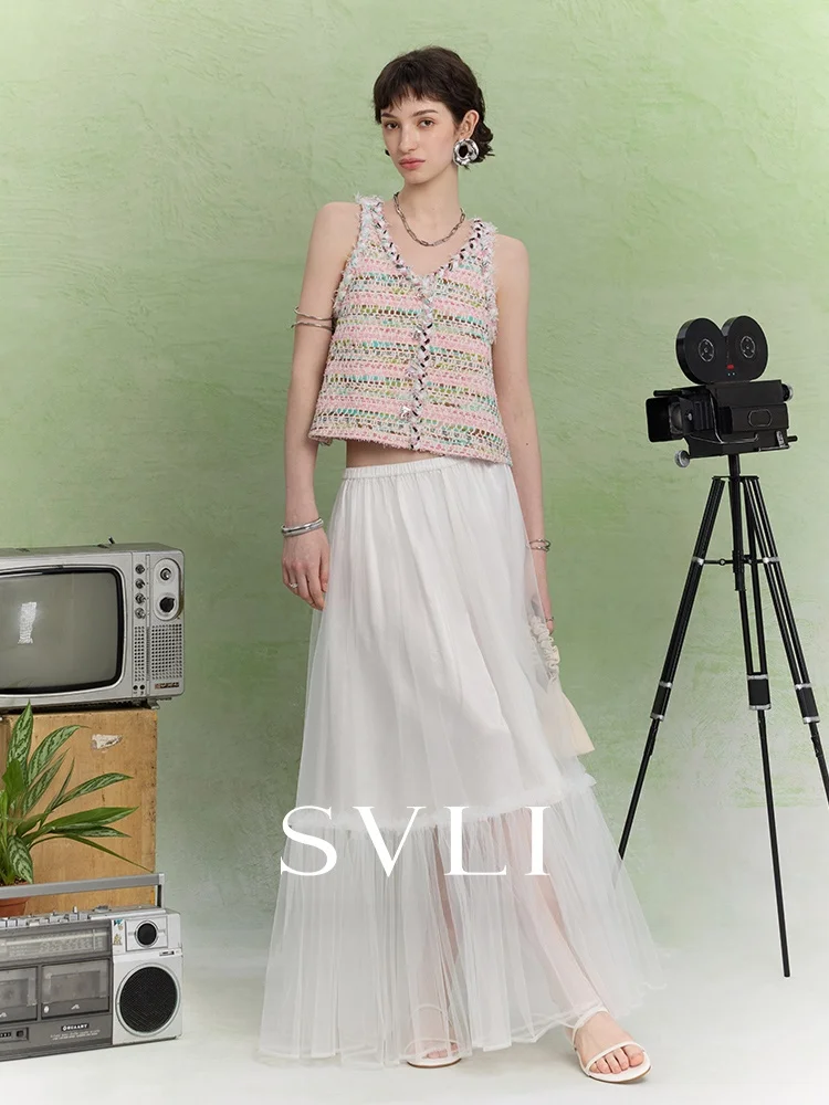 

Легкая юбка А-силуэта SVLI из ацетата с кружевными вставками и плиссированным подолом для повседневной носки