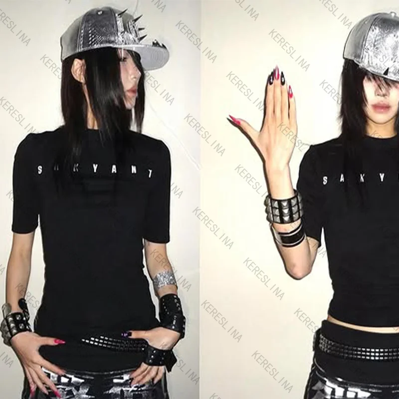Women's Crop Tops Hip Hop High Street Fashion Harajuku Punk Emo Girls American Retro Rock Dark Style Letter Print Sexy Slim Tops