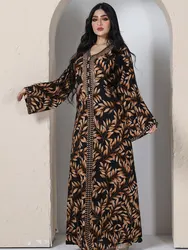 Beaded Abaya Printed Long Dress for Women Arabic Party Kaftan Braided Trimming Saudi Gulf Dubai Jalabiya Muslim Evening Dresses