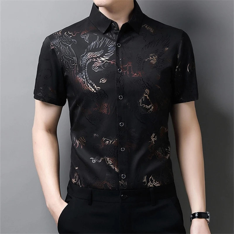 Men Vintage Chinese Style Dragon Print Short Sleeve Button Shirts 2023 Summer Fashion Business Casual Slim Tops Y2K Ropa Hombre