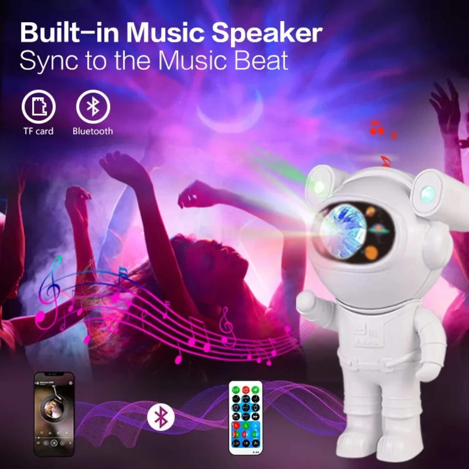 أدى ضوء الليل أجواء غرفة النوم أورورا رائد الفضاء مصباح بلوتوث مع مصباح بروجيكتور أسترو الموسيقى