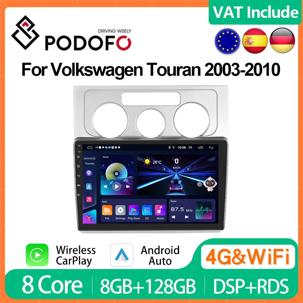 Podofo 8G+128G CarPlay Android Car Radio For Volkswagen Touran 2003-2010 Multimedia Player 2din 4G Head Unit GPS Stereo Receiver