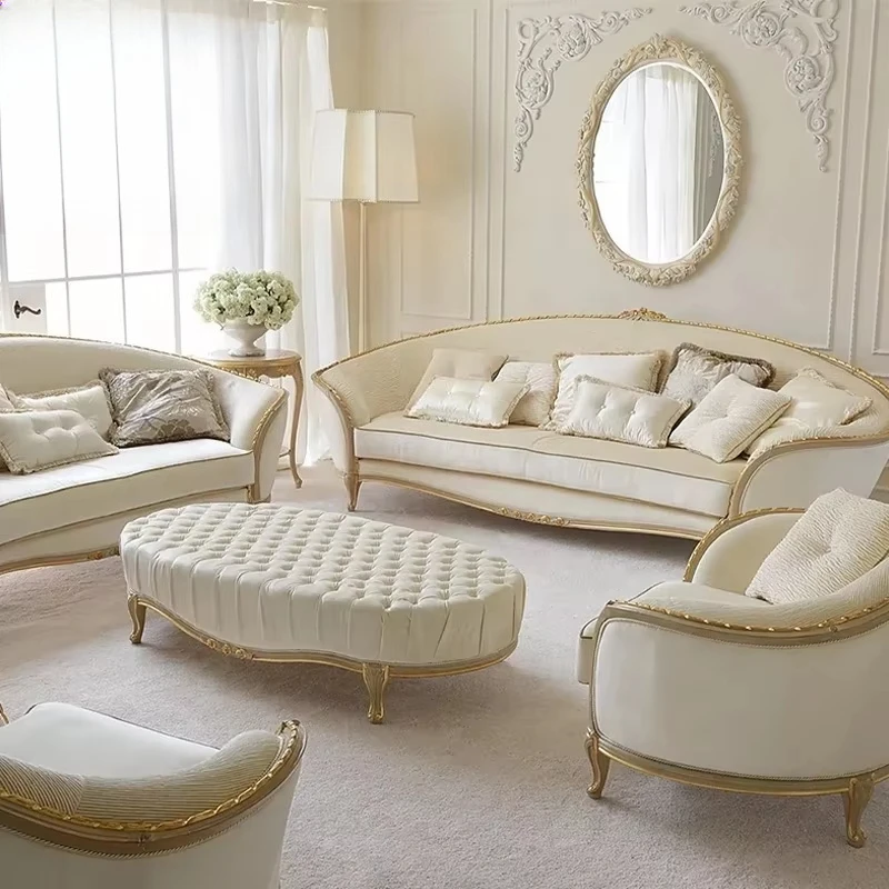 

Solid wood carved sofa set luxury neoclassical leather combination sofa antique furniture