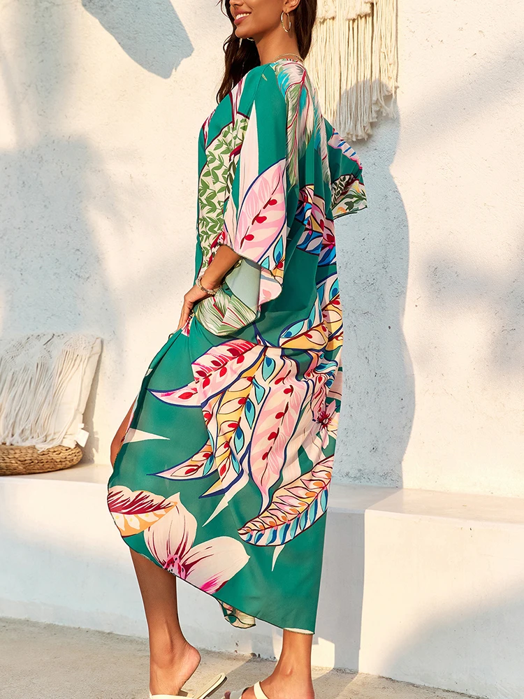 Women Boho Tropical Print Kaftan Beach Cover Up V Neck Side Slit Maxi Dress Swimsuit Cover-Up Beachwear