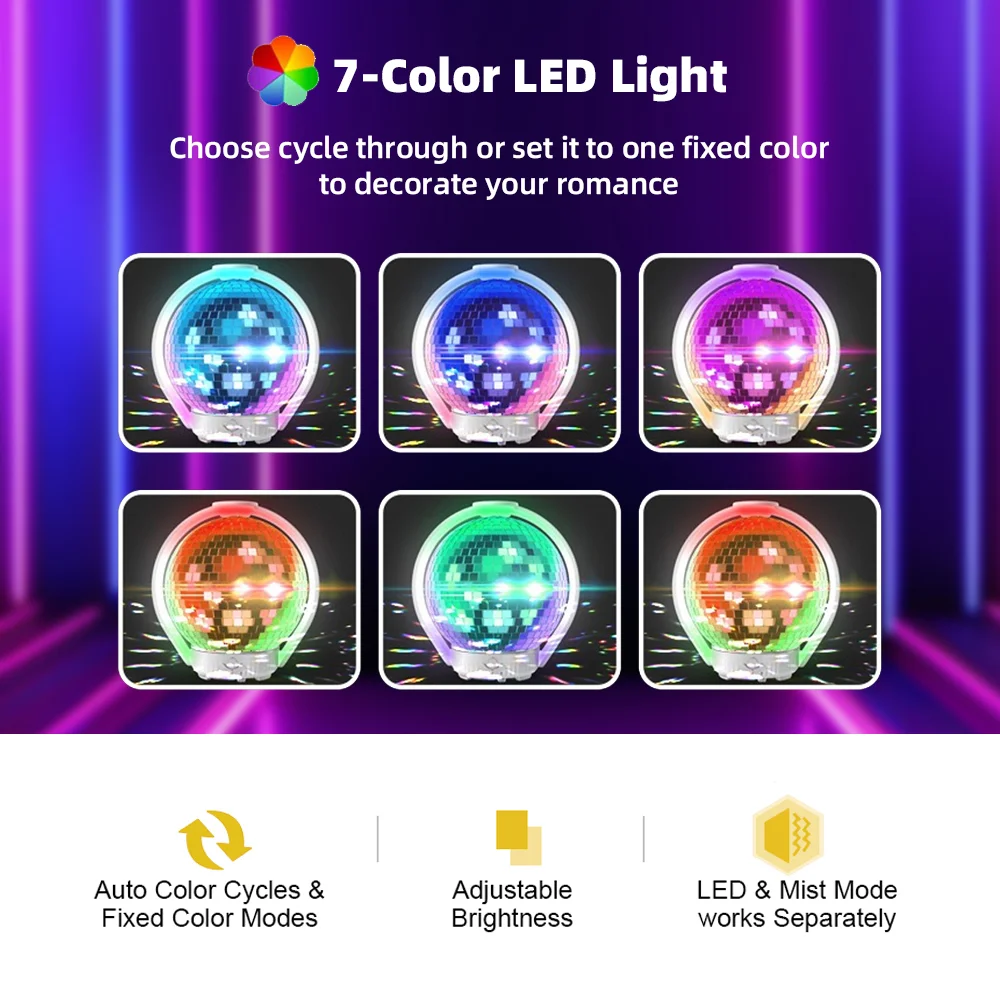 Humidificador de aromaterapia con luz LED 360 °   Bola láser de rotación Atmósfera romántica Silencioso, relajante, incluye 3 aceites esenciales