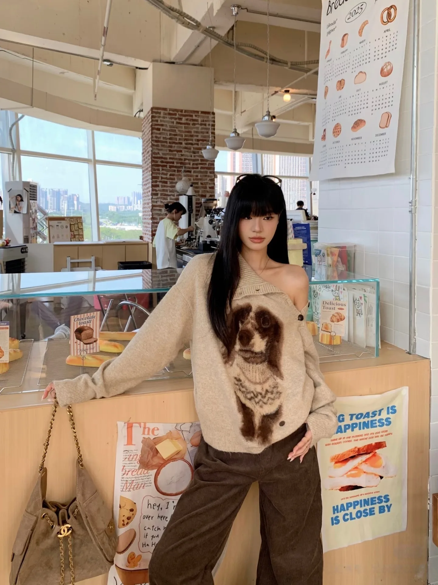 لطيف الكلب طباعة عالية الياقة فضفاضة المرأة سترة الخريف الشتاء جديد Sle oulder عارية شيك تصميم الحلو Sle القطن طويل S...