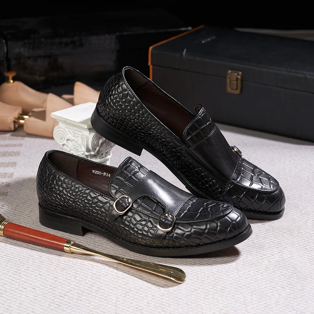 

Men's Business Casual Suede Shoes Genuine Leather Crocodile Pattern Embossed Monk Shoes Loafers Soft Sole Soft British Men Shoes