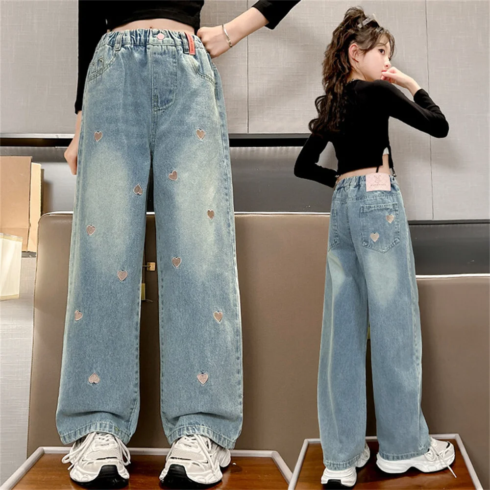 Youngsters Love Embroidered Jeans Girls' Wide Leg Pants Fashion Girls' Jeans Children's Jeans Kid's Casual Pants