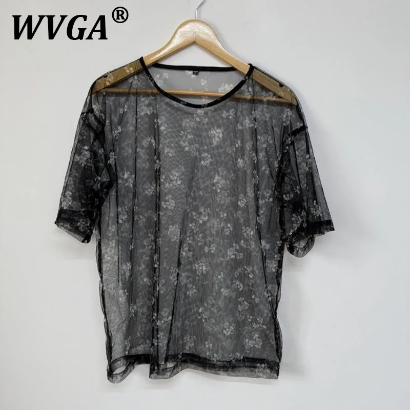 

WVGA Summer New Man Tide Y2K High Street Printed Mesh Design Loose Short Sleeve T-shirt Niche Chic Casual O-Neck Tees Ins W8598