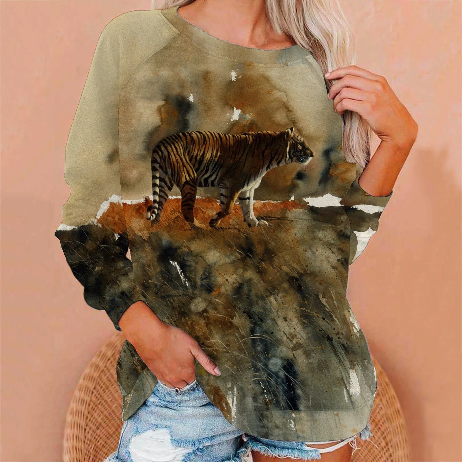 패션 동물 늑대 3D 프린트 스웨트셔츠 여성 래글런 긴 소매 후디 캐주얼 풀오버 하라주쿠 Y2K 탑 여성 의류