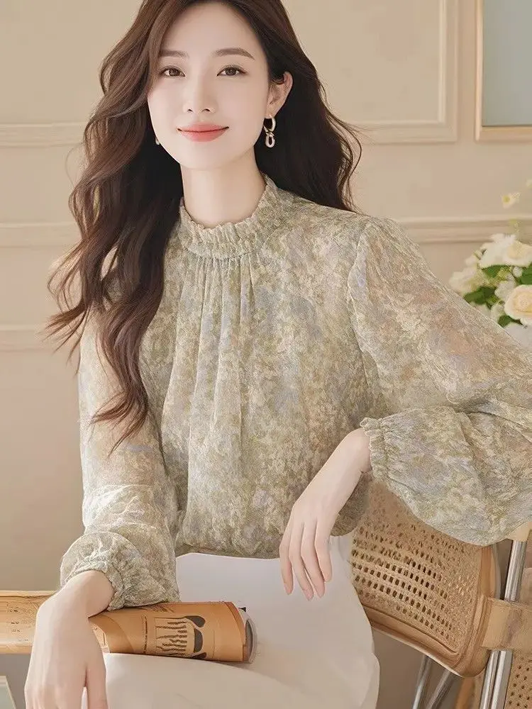 

Spring and Autumn New French Green Floral Chiffon Blouse Long Sleeve Shirt for Women
