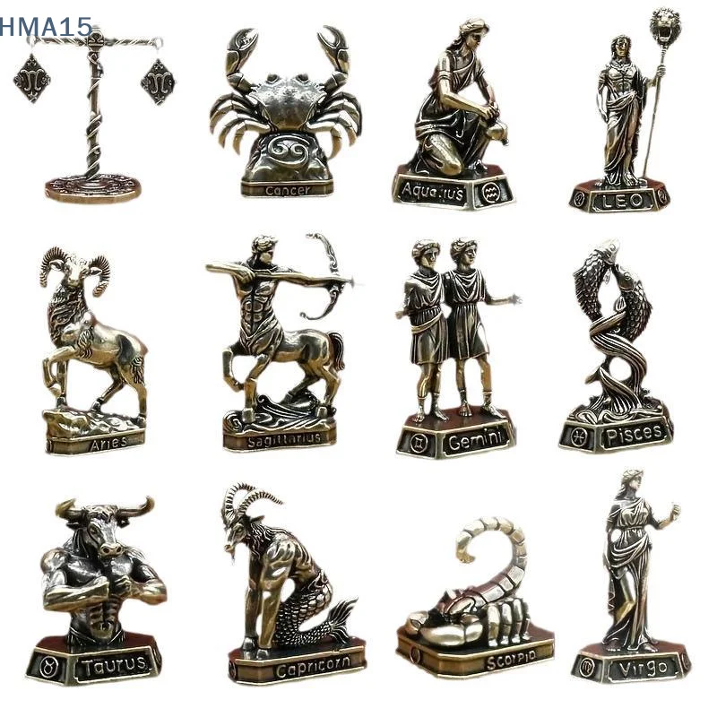 【YA】Handmade Brass Vintage Zodiac Constellation Figurines Fine Craft Statues Decor Gift for Astrology Lovers Home Office