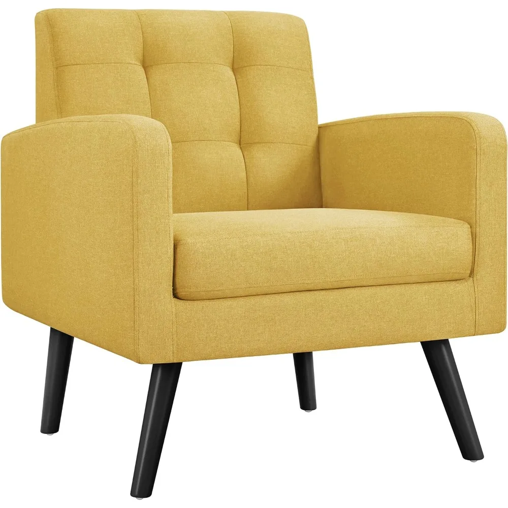 

Mid-Century Accent Chairs, Cozy Armchair Button Tufted Back and Wood Legs for Bedroom/Office/Cafe, Yellow,Accent Chairs