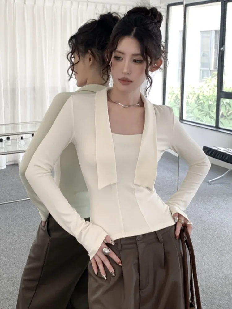 

Retro Color Square Collar Long Sleeve Fashionable T-Shirt Women's Winter Slim Fit Waist Cinching Slimming Base Shirt Top