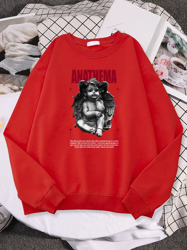 Anathema Sculpture Of A Child With Goat Horns And Wings Gothic Women Hoodie O-Neck Street Clothes Oversize Casual Woman Pullover