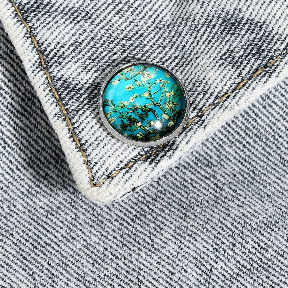 Vincent Van Gogh Almond Blossom Oil Painting Lapel Pins Round Time Gem Brooches For Artist Mens Jewelry