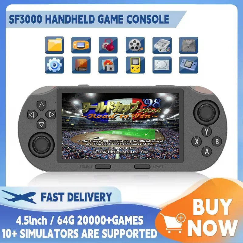 

Портативная игровая консоль SF3000 с 4,5-дюймовым IPS-экраном, ретро-игровая приставка со встроенными более 20000 игр для PS1/GBA/SFC/MAME