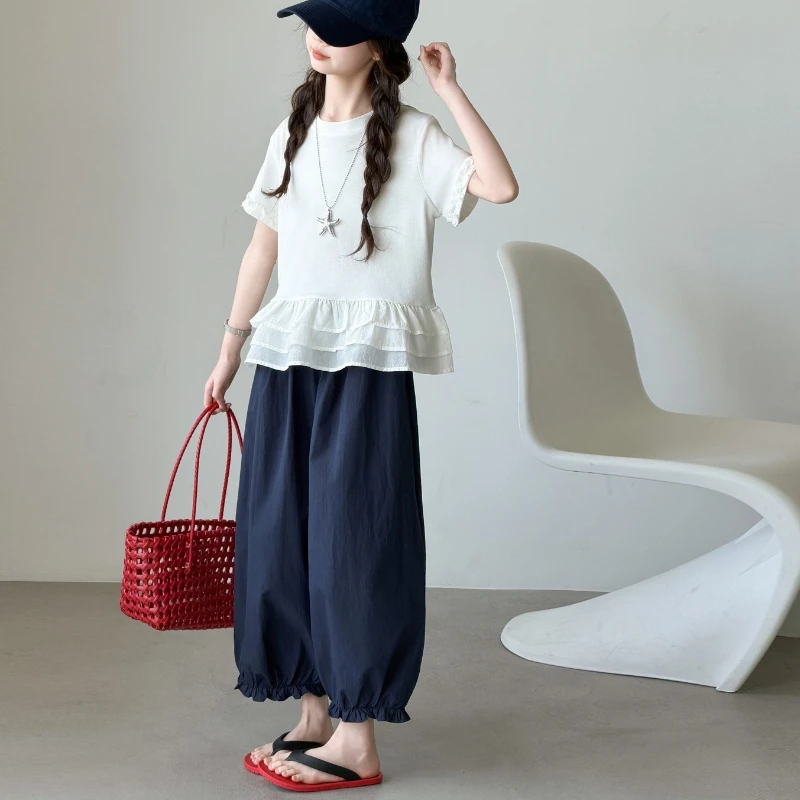 

Summer Girls Short Sleeve Lantern Sleeve Blouse Cute Ruffle Trim Breathable Soft Cotton Casual Loose Fit Top for Kids Daily Wear