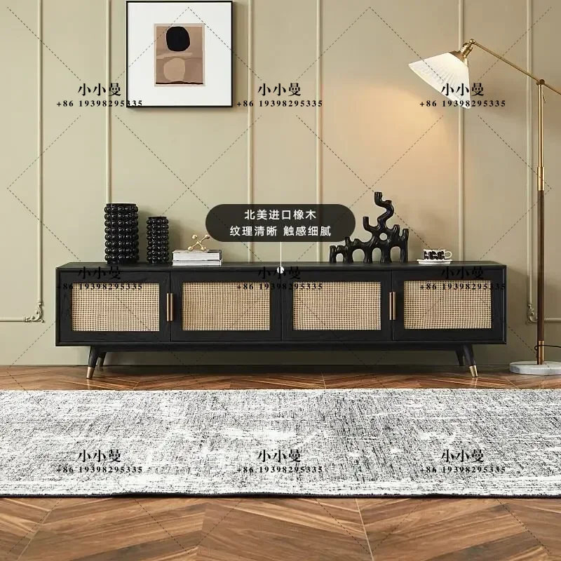 Nordic modern retro oak TV cabinet rattan light luxury living room audio-visual cabinet black floor cabinet