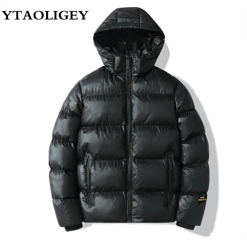 

Men Parkas Puffer Jackets Bubble Padded Cotton Clothes Solid Color with Hoodie Warm Black Waterproof Jackets Man Winter Coats