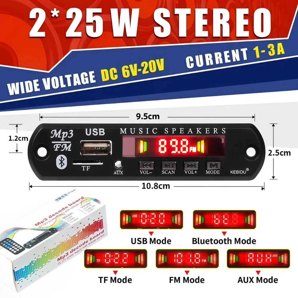 Amplifier 50W Bluetooth 5.0 MP3 WMA APE Decoder Board 12V 18V 25W Panggilan Handsfree Audio Mobil Mikrofon USB TF FM DIY Pemutar Musik