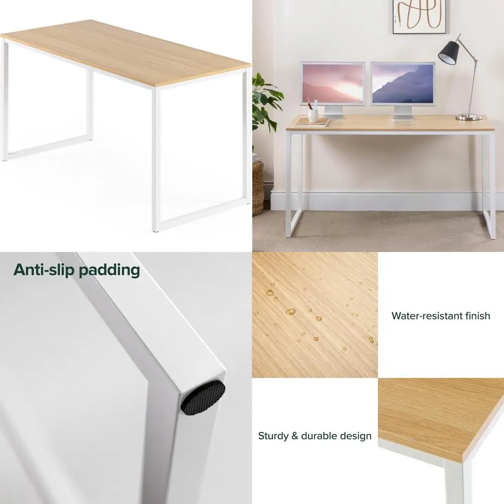 

55 Inch White Frame Desk, Computer Workstation, Office and Dining Table, Easy Assembly, Natural Finish