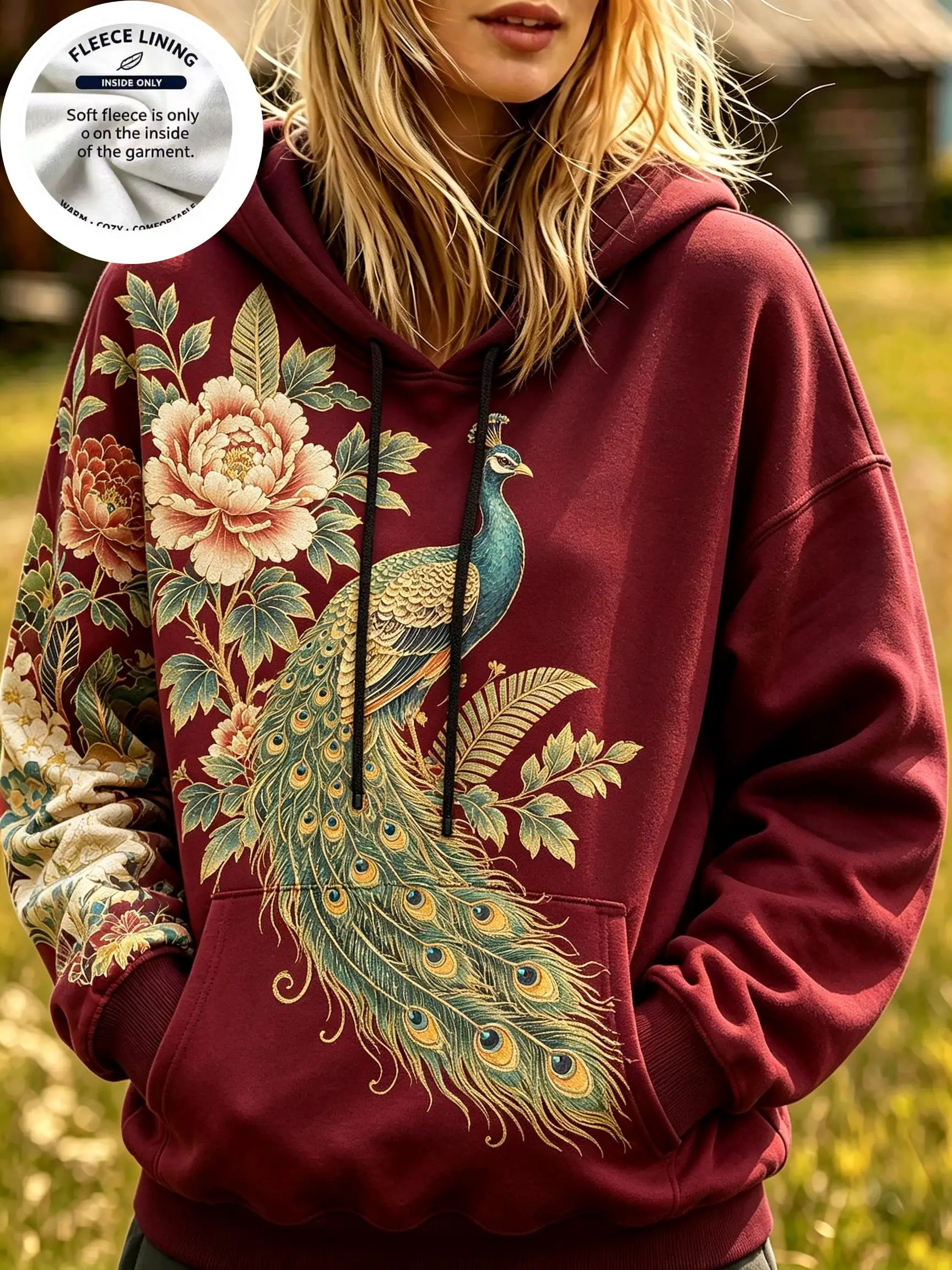Vintage Oriental Crane Peacock Floral Print Women Fleece Hooded Sweatshirt, Long Sleeve Hoodie