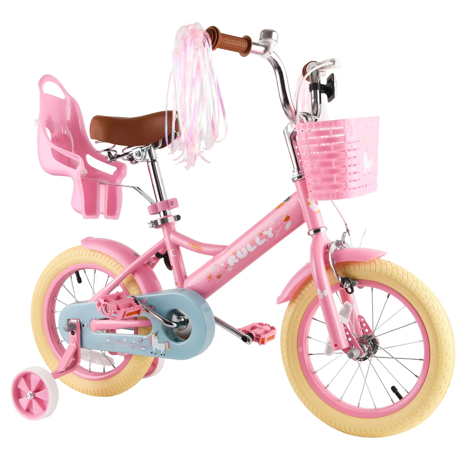 RULLY 16 Zoll Kinderfahrrad für 2-7 Jahre Mädchen mit Stützrädern & Handbremse vorne, Kinderfahrrad mit Korb, Fahrrad, Streamer