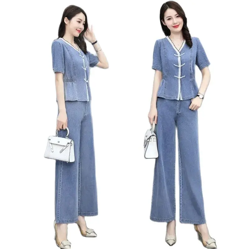 Cowboy Suit Female Summer New Short Sleeve T-Shirt+ Leisure Wide Leg Pants Two Piece Set Fashion Temperament Women Denim 2PCS