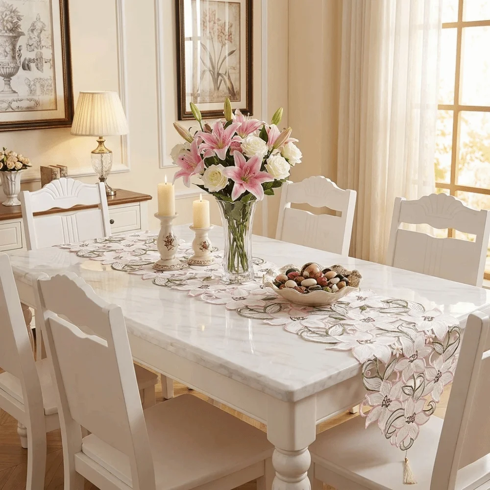 Long Strip Embroidered Table Runner with Tassel Hollow Design Tablecloth European Style Flower Table Mat Holiday Meals
