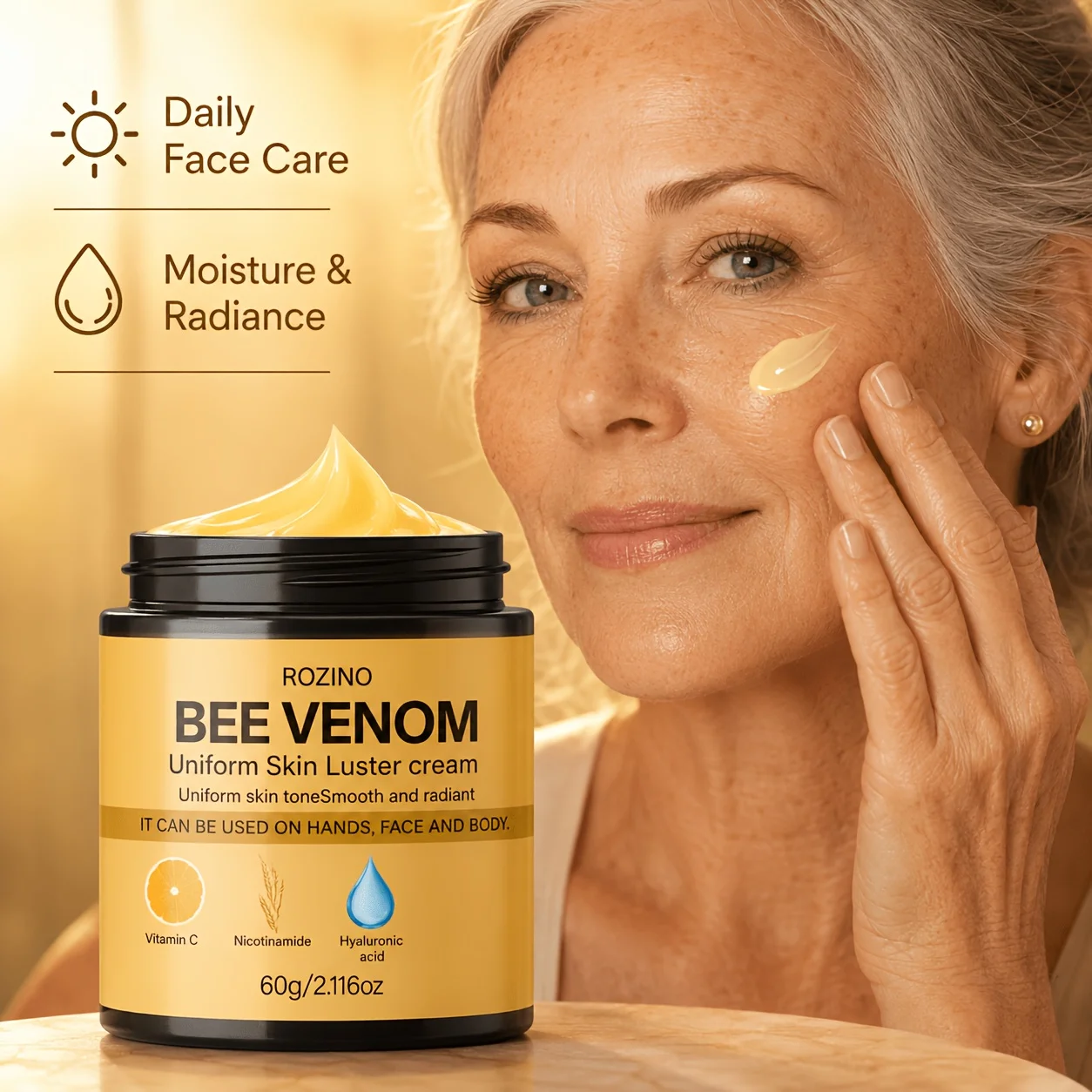 ROZINO bee venom facial cream, a moisturizing cream that supplements vitamin C, niacinamide and hyaluronic acid, moisturizes the skin every day, improves uneven skin tone, makes the skin smooth and translucent, light and moisturizing, suitable for both me