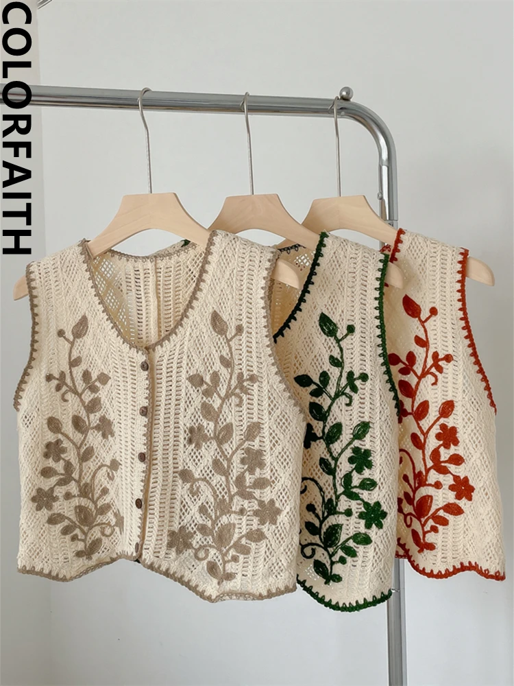 Colorfaith New 2022 Chic Korean Fashion Cutout Waistcoat Knitted Women Spring Summer Embroidery Floral Lady Short Vests V1672JM