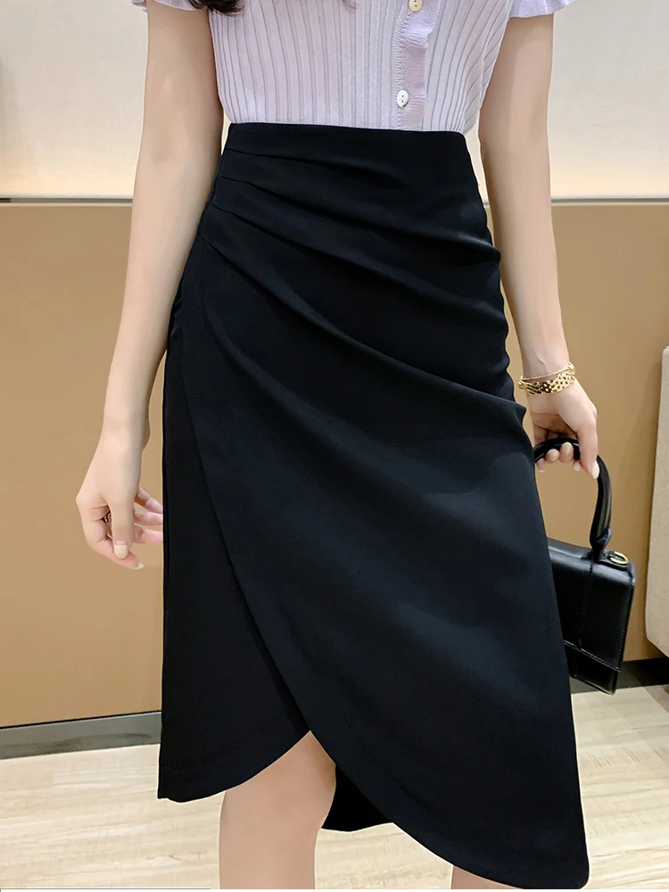 

Новая сексуальная черная юбка миди с боковым разрезом, женская винтажная юбка-карандаш с высокой талией и перекрестными складками, офисная одежда, облегающая юбка с запахом, женская
