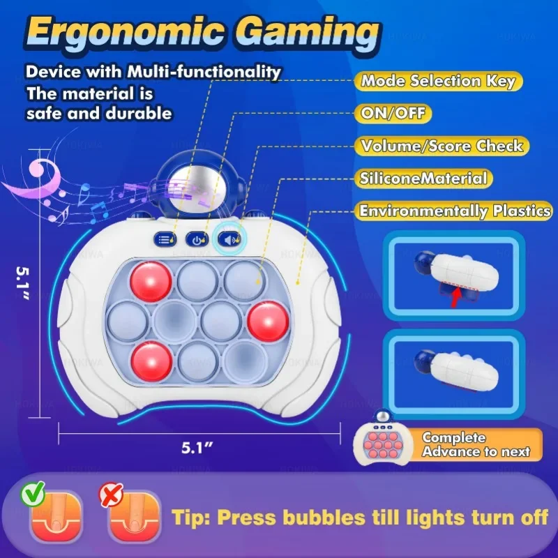 핫 퀵 푸시 팝업 라이트 업 게임 피젯 장난감, 전자 버블 휴대용 콘솔 프레스 푸시 선물, 어린이 성인 생일 크리스마스