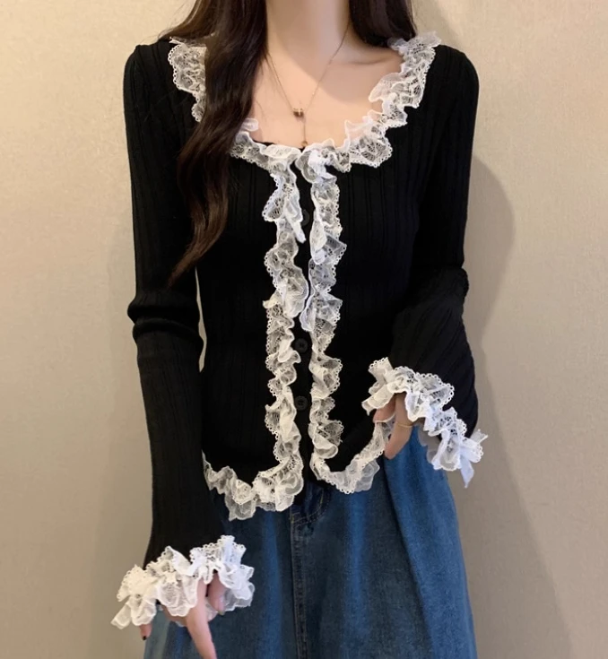 Coréen doux dentelle épissage volants à manches longues haut tricoté femmes automne hiver 2025 nouveau grande taille mince Lolita bas pull