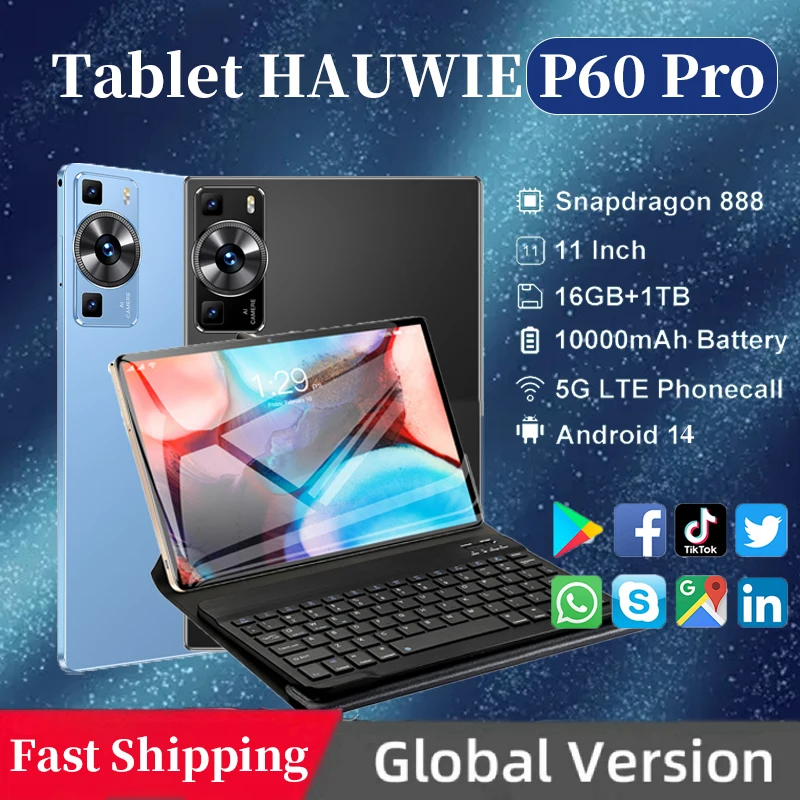 2024 Global Version HAUWIE P60 Pro Tablet Android 14 16GB+1TB 11Inch Snapdrago 888 5G Dual SIM Card Phone Call WIFI HD 4K Tablet