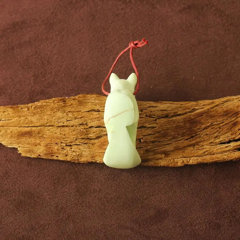 Hand-Carved Lemon Jade Dog Pendant – Natural Pale Green Gemstone Sculpture with Red Cord for Artisanal Jewelry & Collectibles