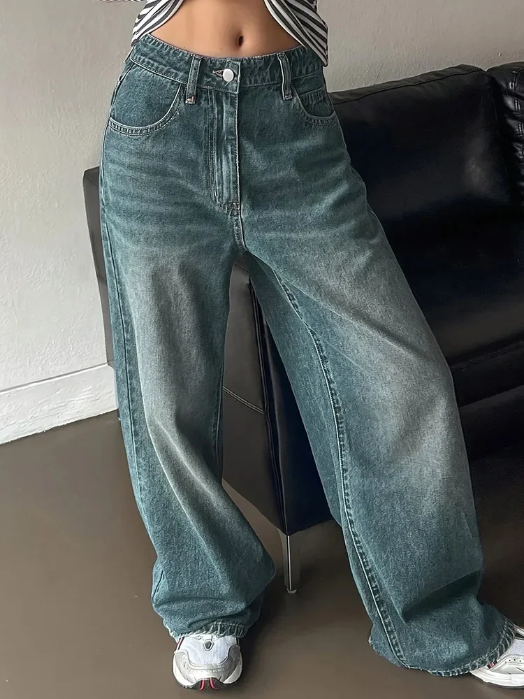Hot Sale Women Korean Straight Leg Jeans Female Retro Solid High Waist Denim Pants Lady Fashion Baggy Casual Trousers