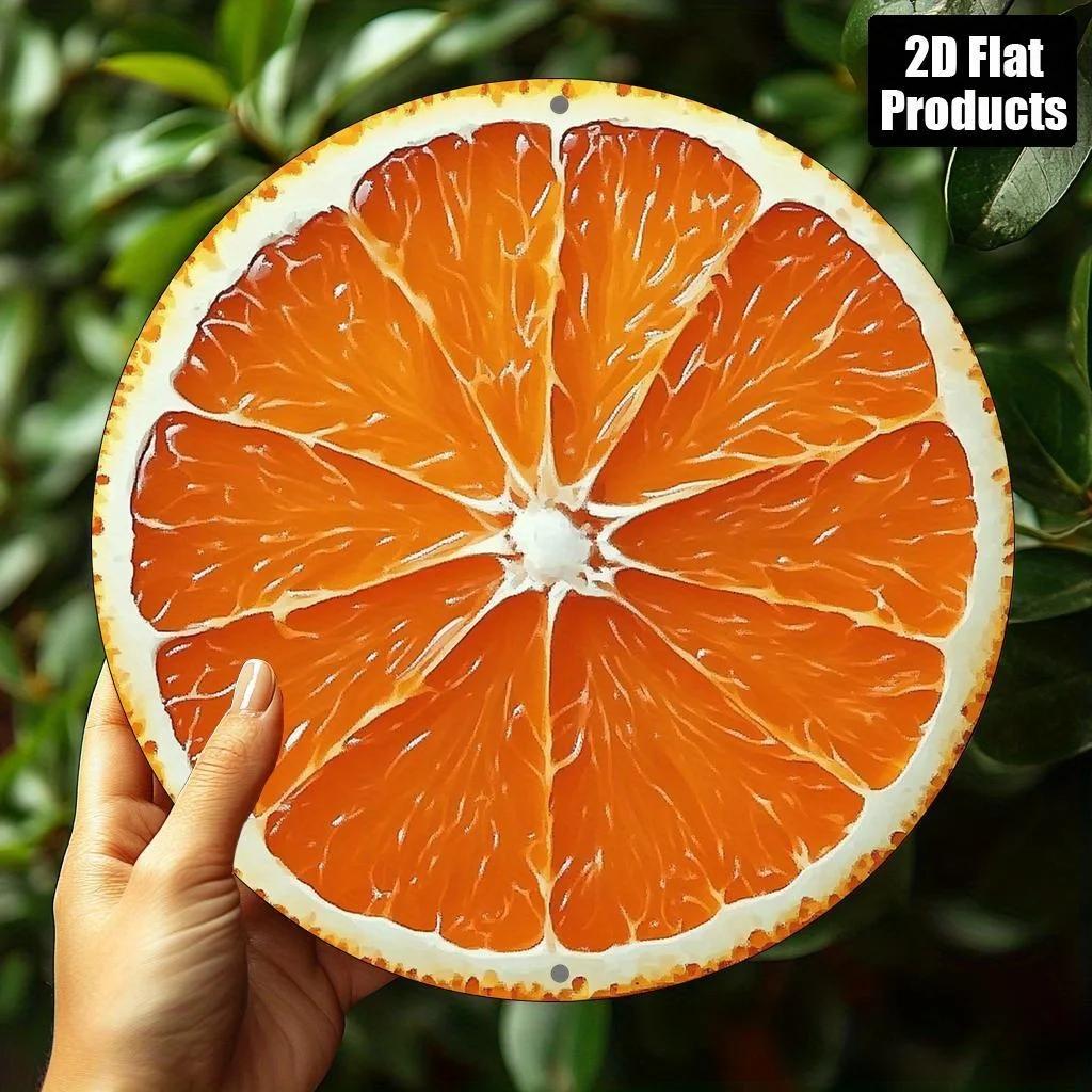 2D Flat - 2D Plane, 1pc, Orange Slice Themed Round Aluminum Metal Decorative Sign, Suitable for Bar Kitchen Cafe Home Office Dec