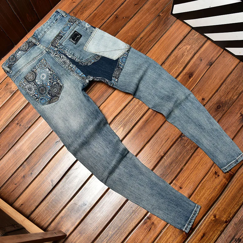 Vintage Jeans Heren Slim Fit Skinny Broek Gescheurde Contrast Kleur Elastisch Trendontwerp Street Cool Heren Broek Lange Broek