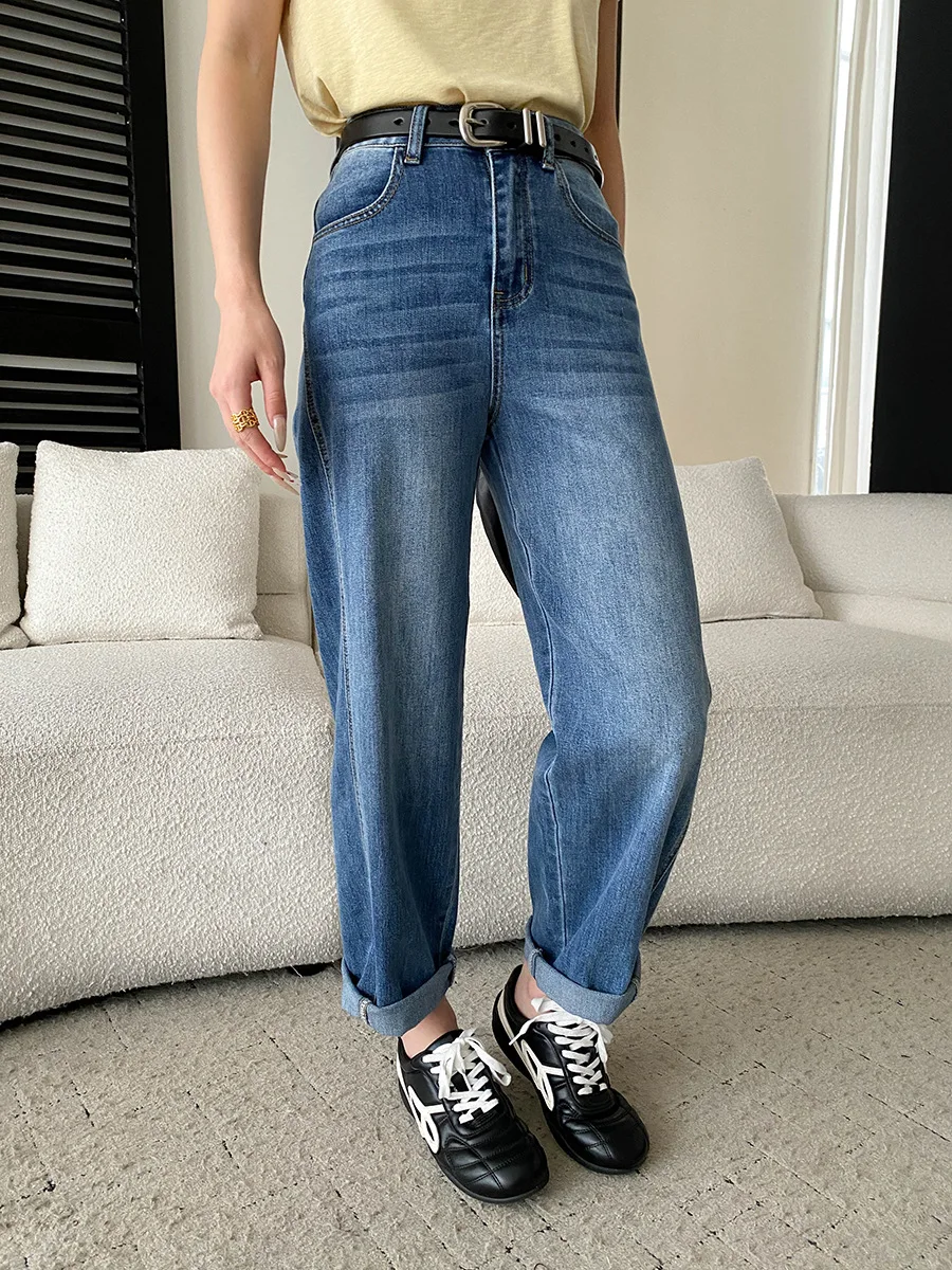 Spring and summer women's casual solid color curved cut straight tube narrow version slimming jeans