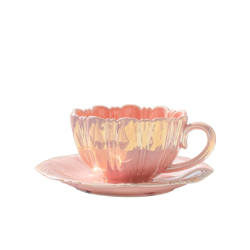 

Pearl white pink blue petal coffee cup saucer ceramic beautiful teacups with saucer new Mother's Day gift