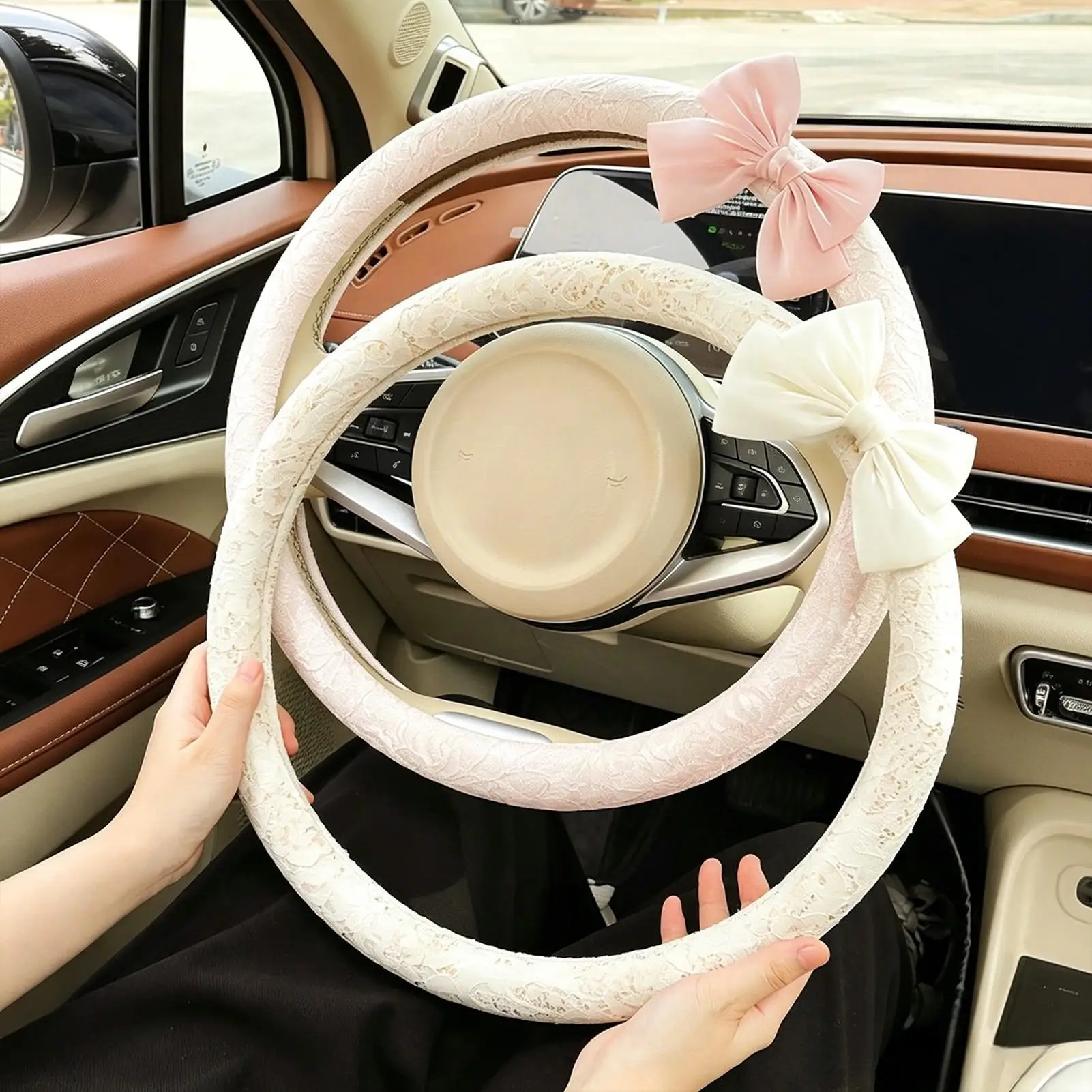 Car Wheel Cover 15 Inches Lace Pattern Interior Decor Driving Wheel Cover With Bow For SUV Truck Road Trip Daily Commute Long