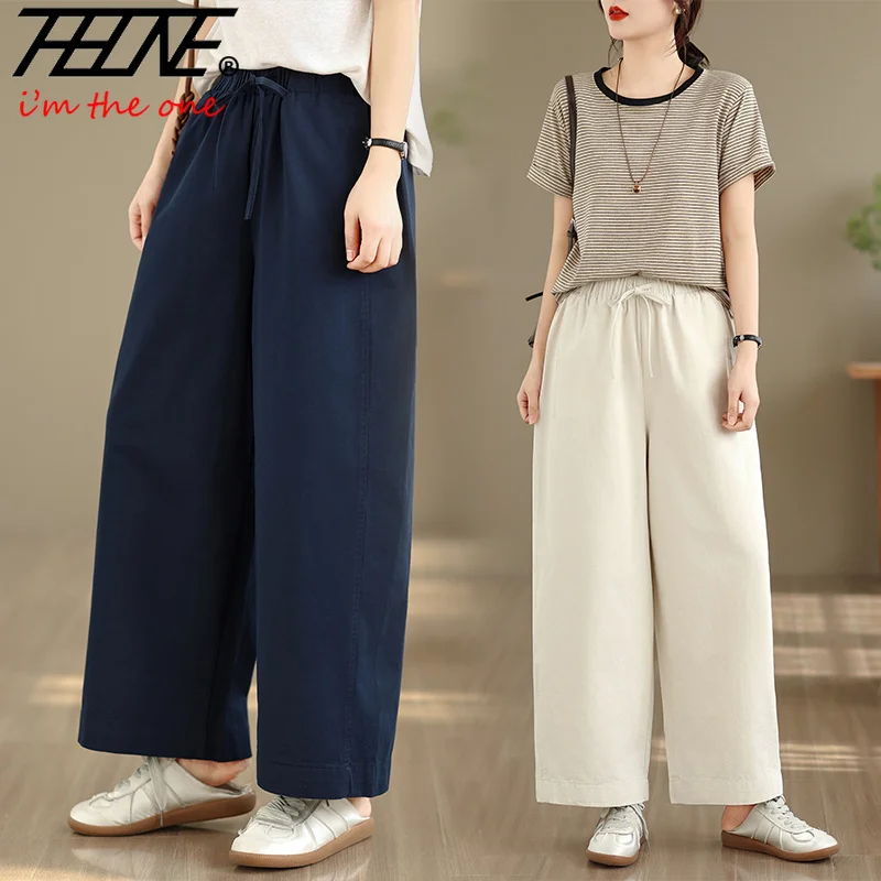 THHONE Women's Pants Drawstring Wide Leg Pants Elastic Waist Casual Summer Trousers Cool Bohemian Beach Holiday Korean Style