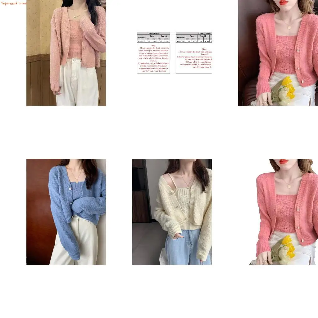 

Q5WE 2 Piece Autumn Spring Camisole and Sweater Cardigan Sets Women Knitted Color for Jacket Preppy Elegant Outer